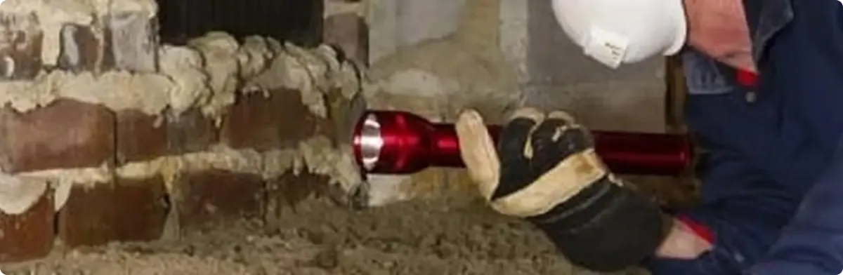 Pest control technician inspecting a crawl space for ant activity in Dilworth, MN